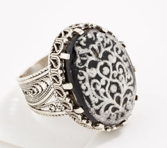Artisan Crafted Sterling Silver Black Painted Porcelain Ring, Size 8