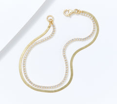 Diamonique Tennis and Herringbone Double Bracelet GP Sterling, 8"