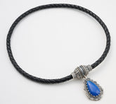 American West Braided Black / Denim Lapis Leather Necklace w/Gem & SS Pendant