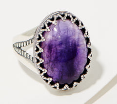 American West Sterling Silver Crown Detail Oval Amethyst Ring Size 8