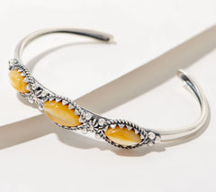 Brazalete de plata de ley del oeste americano con tres piedras de nácar dorado, 16,7 cm