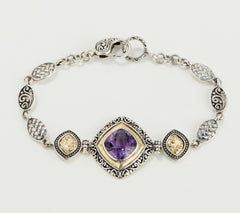 Artisan Crafted Sterling Silver & 18K Accents Amethyst Bracelet, Avg 7-1/4"