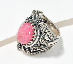 American West Sterling Oval Rhodonite Scroll & Leaf Ring, Size 10