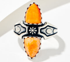 American West Sterling Silver Shield Shape ORANGE SPINY Ring, Size 7