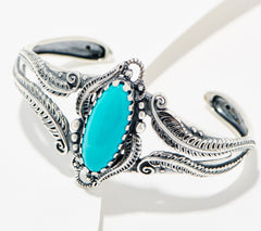 American West Sterling Silver Leaf & Scroll Oval Turquoise Cuff Avg