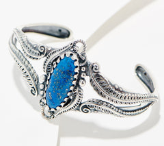 American West Sterling Silver Leaf & Scroll Denim Lapis Cuff Large