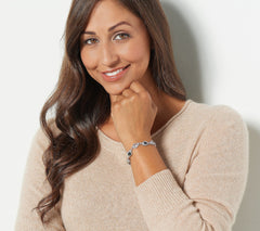 Pulsera ajustable de plata de ley con piedras preciosas negras ovaladas, hecha a mano, de 15 cm de largo