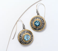 Artisan Crafted Sterling & 18K Blue Topaz Gemstone Fancy Disc Earrings
