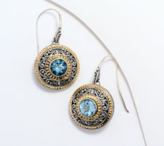 Artisan Crafted Sterling & 18K Blue Topaz Gemstone Fancy Disc Earrings