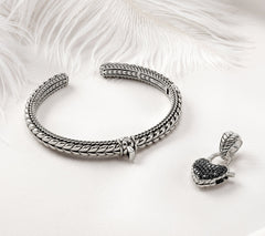 JAI Sterling Silver Pave Heart Lock Cuff and Enhancer, 6-1/4"