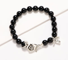 Pulsera de plata de ley con cuentas de ónix y rosa errante en tercera persona, 14 cm
