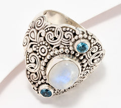 Artisan Crafted Sterling Silver Moonstone & Blue Topaz Ring, Size 6