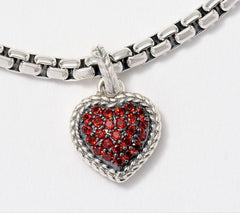 JAI Sterling Silver Box Chain Pave Garnet Heart Charm Bracelet, 8"
