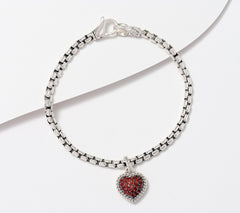 JAI Sterling Silver Box Chain Pave Garnet Heart Charm Bracelet, 8"