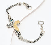 Artisan Crafted Sterling Silver & 18k Gold Accents Cross Blue Topaz Bracelet, 7-1/4"