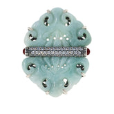 Jade of Yesteryear Carved Green Jade, CZ, and Garnet Ring – Size 6