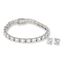 Absolute Sterling Silver Emerald Cut Earrings & Tennis Bracelet Set, 8"