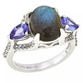 Anillo Paul Deasy con gema ovalada de labradorita, tanzanita y circón blanco. Talla 5