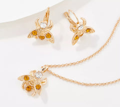 Conjunto de collar y pendientes Joan Rivers con abeja de cristal multicolor en tono dorado, 45 cm