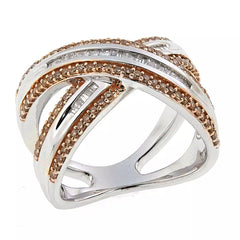 HSN Sterling Silver Champagne & White Diamond "X" Ring. Size 6