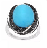 QVC Sterling Silver Oval Turquoise 0.80Ct Pave Black Spinel Ring, Size 5