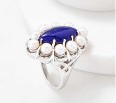 QVC Sterling Silver Marquise Lapis & Cultured Pearl Ring, Size 9