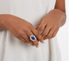 QVC Sterling Silver Marquise Lapis & Cultured Pearl Ring, Size 9