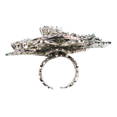Margaret Rowe Silvertone Clear Crystals Nouveau Leaf Ring, Size 7