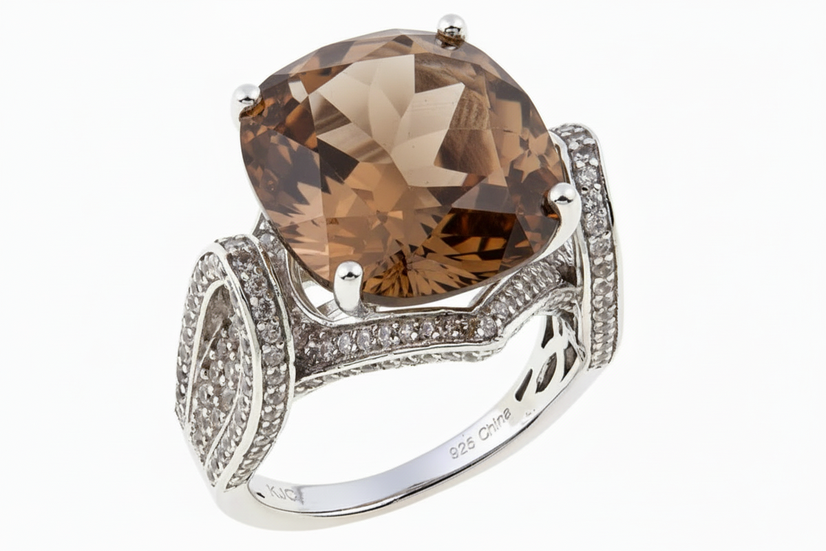 Colleen Lopez Checkerboard-Cut Smokey Quartz & White Zircon Ring, Size 6