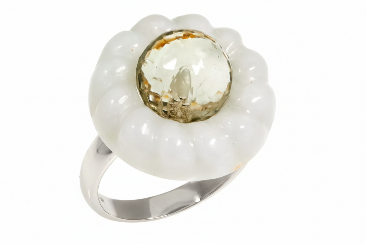 Jade of Yesteryear Sterling Silver Jade & Prasiolite Cable Frame Ring, Size 6