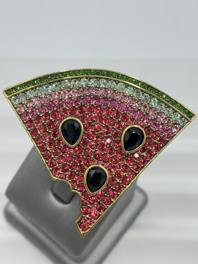 Heidi "Sweet Slice" Multicolor Crystal Watermelon Pin. 2-1/8"