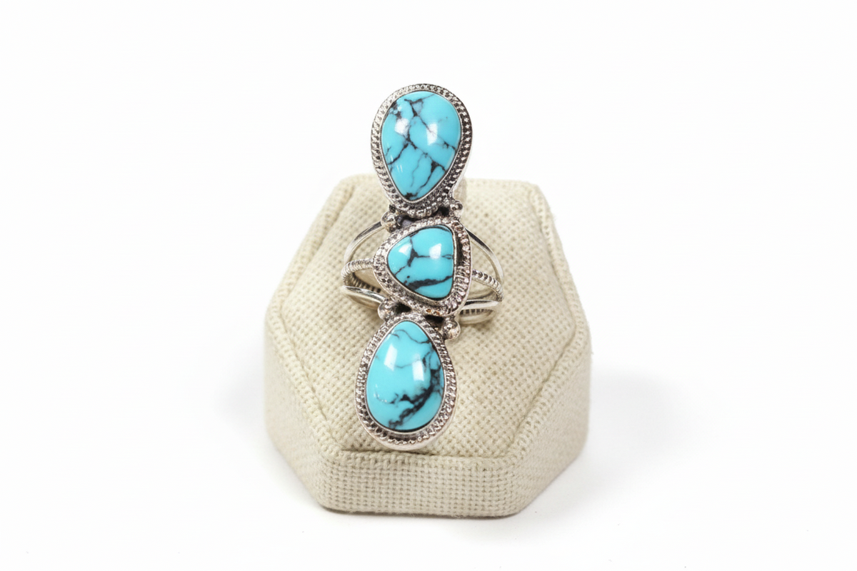 Chaco Canyon Sterling Silver Multicut Kingman Turquoise Elongated Ring, Size 5