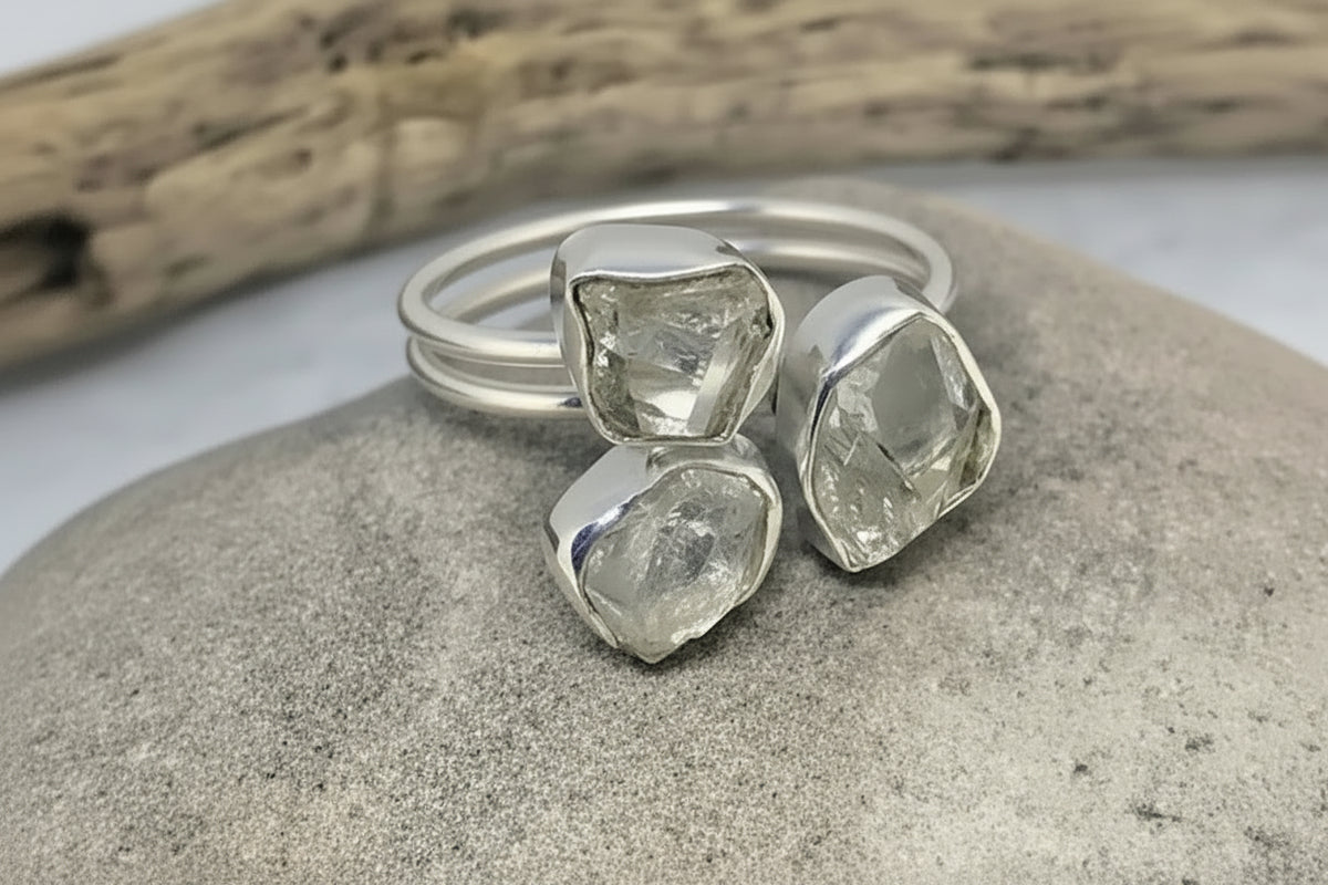 Herkimer Mines Sterling Silver Freeform Quartz 3-Stone Ring, Size 11