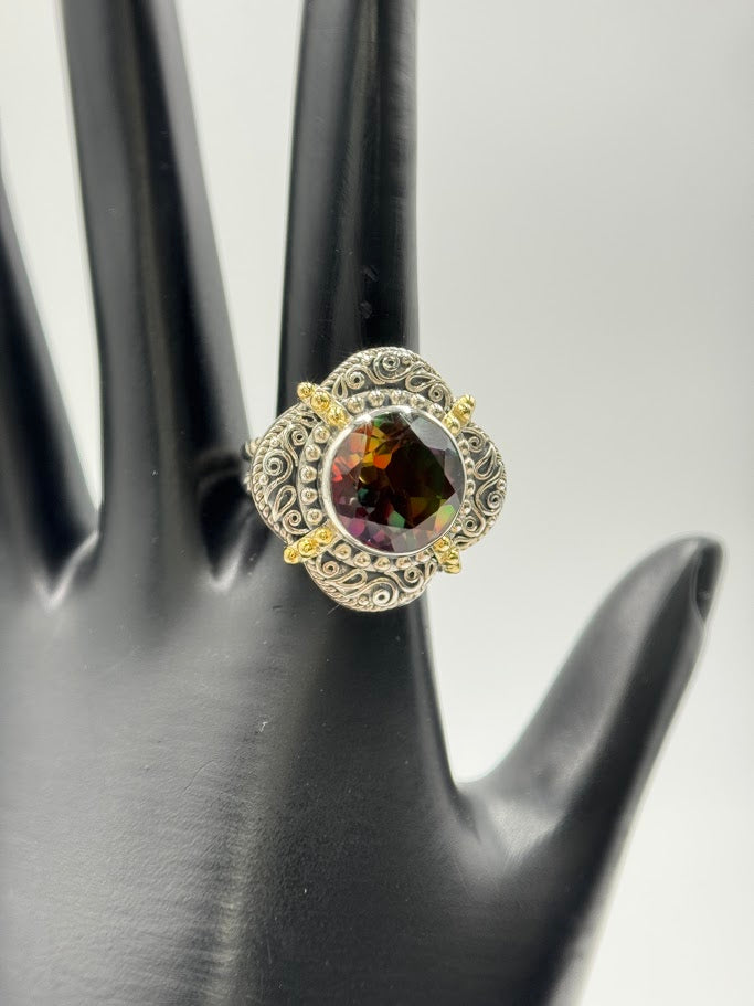 Bali Designs Sterling Silver &18K Gold Accents Round Watermelon Quartz Ring, Size 8