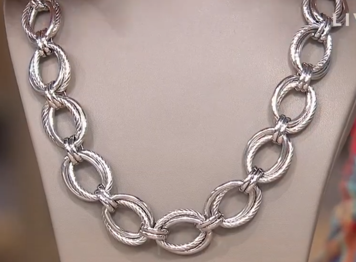 Stately Steel Silvertone Textured Oval Link Necklace, 18"