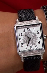 Rarities Stainless Steel 2.97ctw White Zircon & Black Spinel Stingray Leather Strap Watch