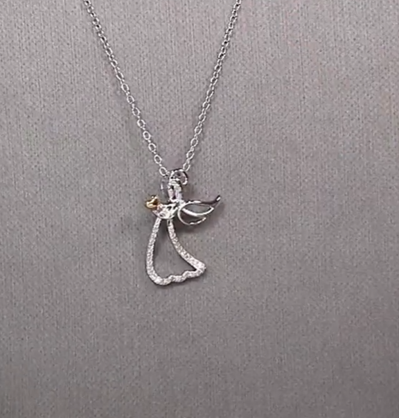Colleen Lopez Sterling Silver TwoTone .09ctw Diamond Angel Pendant with Chain, 18"