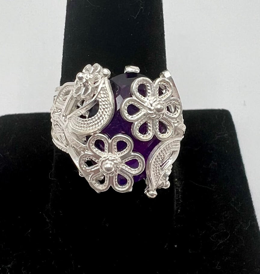Anillo de filigrana con amatista engastada en plata otomana, talla 10