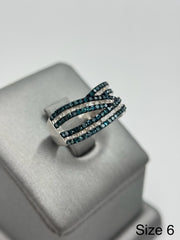 Colleen Lopez Sterling Silver Blue Diamond Cross-Over Ring Size 6 | Elegant Modern Design
