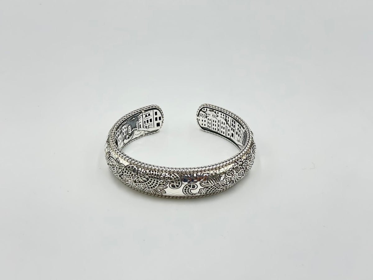 JAI Sterling Silver Paisley Carved & Venice Scenery Cuff Bracelet, 7-1/2" 81.5g