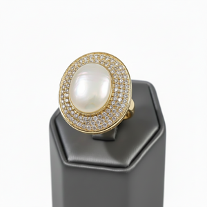 Rarities Vermeil Oval Pearl Concave Pave Ring, Size 6