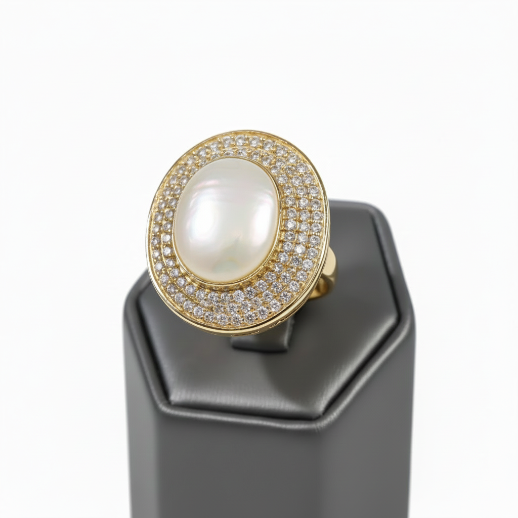 Rarities Vermeil Oval Pearl Concave Pave Ring, Size 6
