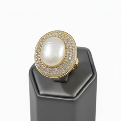 Rarities Vermeil Oval Pearl Concave Pave Ring, Size 6