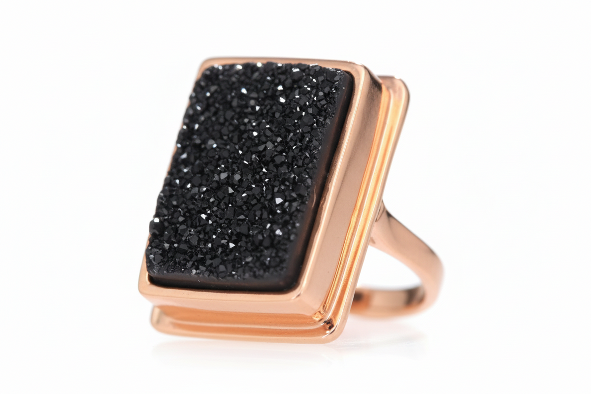 Christine Darren Rosetone Bold Rectangular Black Drusy  Ring, Size 6