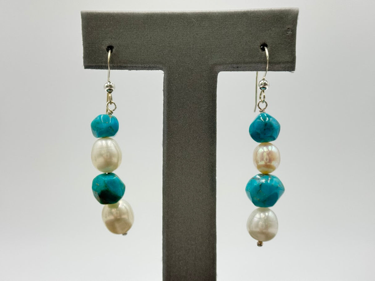 Jay King Sterling Silver Turquoise & Freshwater Pearl Beaded Drop Earrings 1”