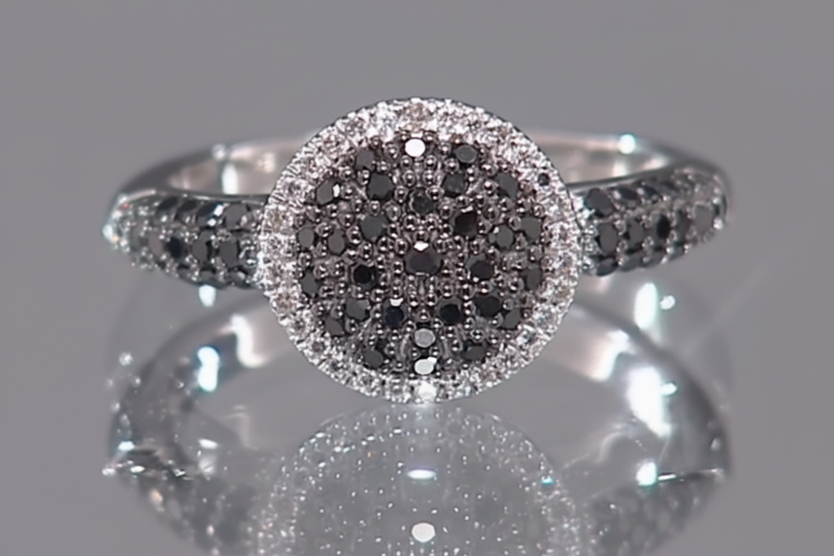 Sterling Silver .33ctw Black &White Pave Diamond Ring, Size 9