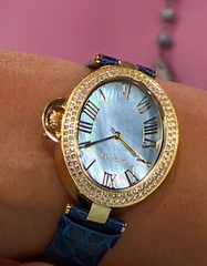 Rarities Goldtone Oval Mother-of-Pearl Dial Blue Alligator Leather Strap Watch,