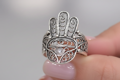 Ottoman Sterling Silver Filigree Hamsa Ring, Size 6