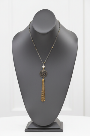 Bellezza Bronze  Lira Coin 88.5mm Cultured Freshwater Pearl Tassel Necklace. 18"