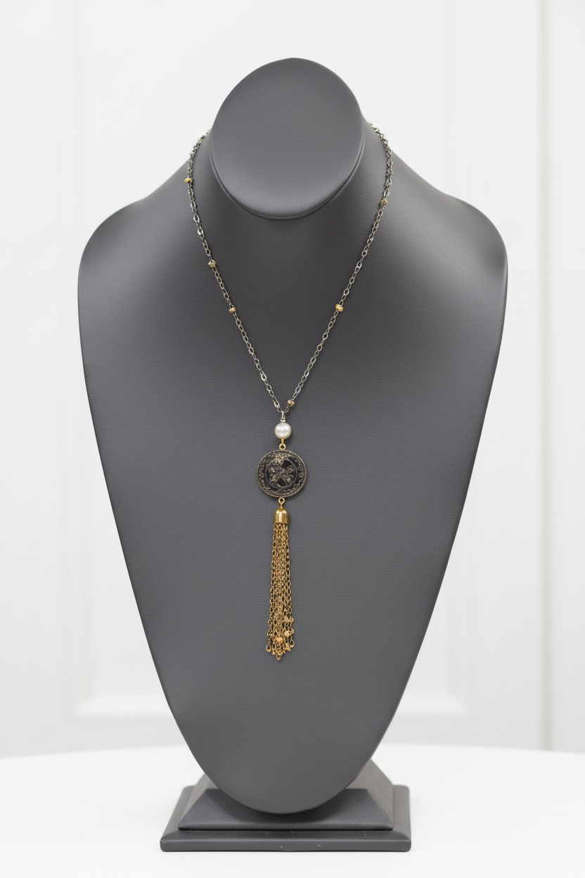 Bellezza Bronze  Lira Coin 88.5mm Cultured Freshwater Pearl Tassel Necklace. 18"